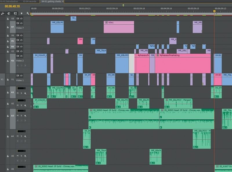 Video editing timeline with varied shot clips and layered audio tracks