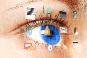Woman blue eye looking at digital virtual screen with flat business icons close-up